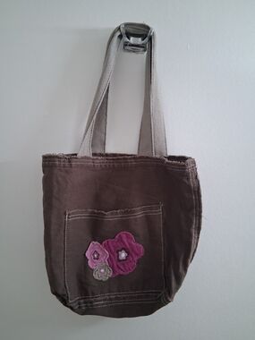 thirty-one Brown Canvas Tote with Pink Floral Appliqué Y2k